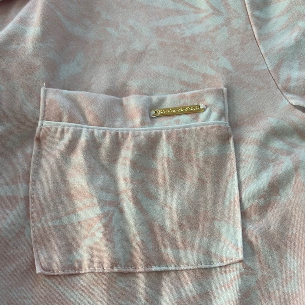 Pink and White Floral Cotton Pajama Set. Button top with elastic waist shorts. - Picture 3 of 6
